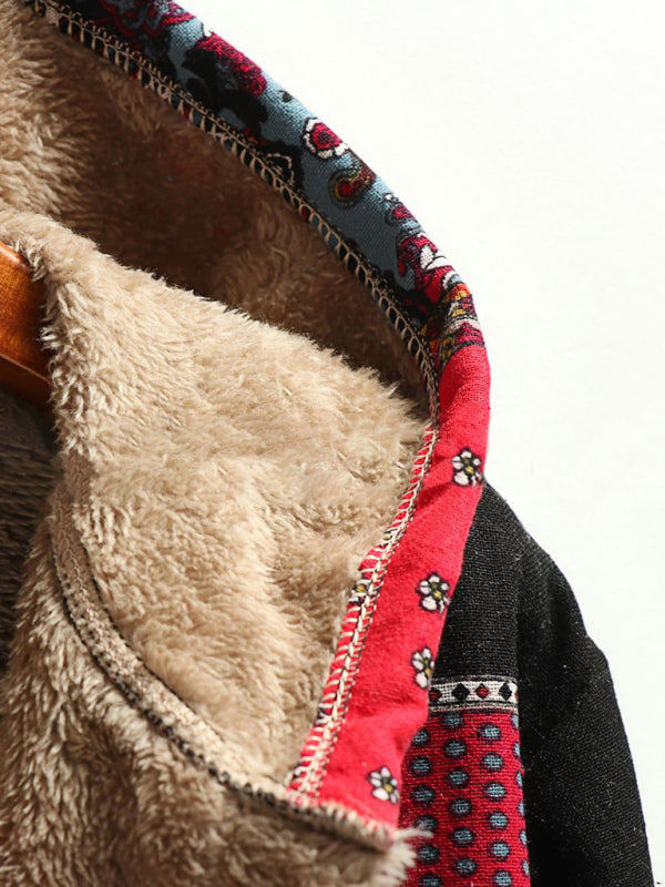 Coats- Autumn Print Cotton-Linen Faux Fur Hooded Coat- - Pekosa Women Clothing