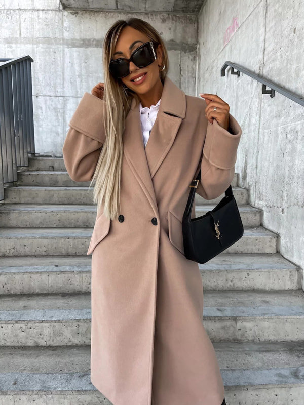 Coats- Cozy Essential Longline Double-Breasted Peacoat for Fall-Winter- Tan- Pekosa Women Clothing