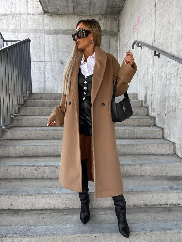 Coats- Cozy Essential Longline Double-Breasted Peacoat for Fall-Winter- Khaki- Pekosa Women Clothing