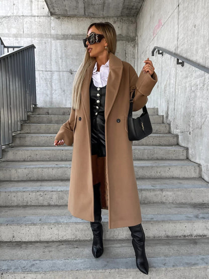 Coats- Cozy Essential Longline Double-Breasted Peacoat for Fall-Winter- Khaki- Pekosa Women Clothing