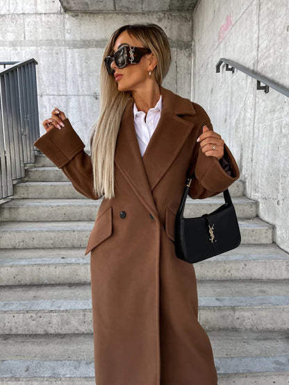 Coats- Cozy Essential Longline Double-Breasted Peacoat for Fall-Winter- Coffee- Pekosa Women Clothing