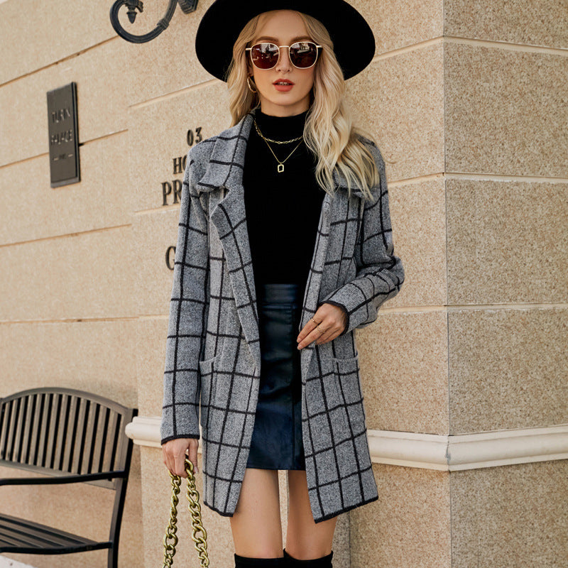 Coats- Cozy Knit Notch Lapel Winter Houndstooth Coat- - Pekosa Women Clothing