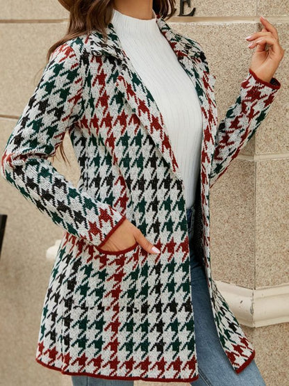 Coats- Cozy Knit Notch Lapel Winter Houndstooth Coat- Red- Pekosa Women Clothing