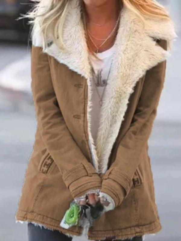 Coats- Cozy Mid-Length Faux Fur Coat | Notch Lapel Winter Jacket- Khaki- Pekosa Women Clothing