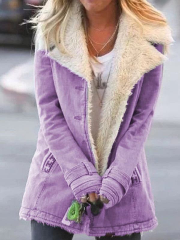 Coats- Cozy Mid-Length Faux Fur Coat | Notch Lapel Winter Jacket- Purple- Pekosa Women Clothing