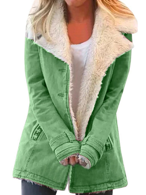 Coats- Cozy Mid-Length Faux Fur Coat | Notch Lapel Winter Jacket- Grass green- Pekosa Women Clothing