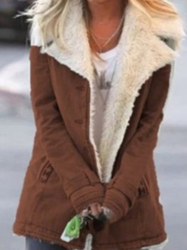 Coats- Cozy Mid-Length Faux Fur Coat | Notch Lapel Winter Jacket- Brown- Pekosa Women Clothing