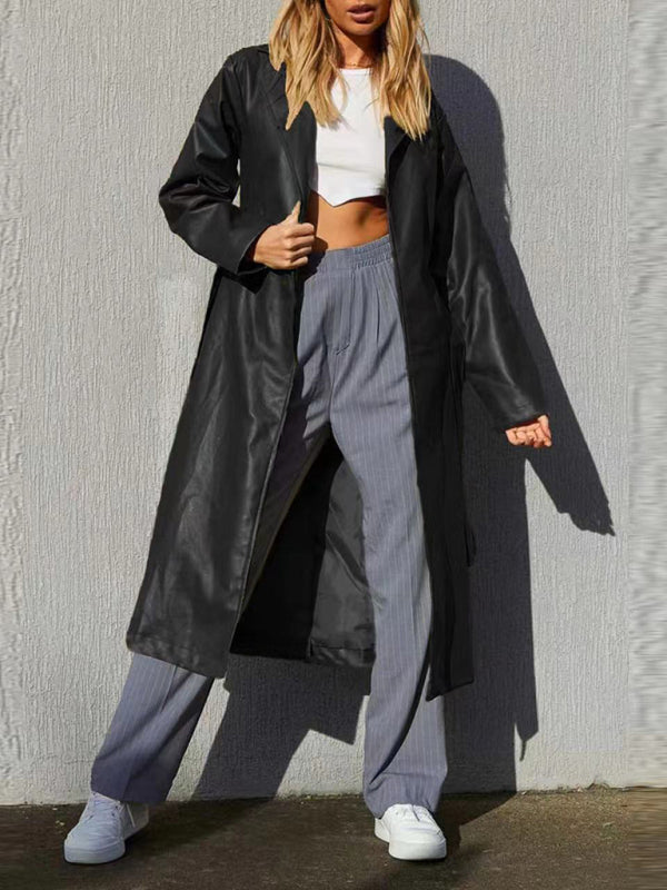 Coats- Faux Leather Long Coat: Open Front, Bowknot Back, Pockets- Black- Pekosa Women Clothing