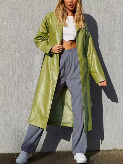 Coats- Faux Leather Long Coat: Open Front, Bowknot Back, Pockets- Olive green- Pekosa Women Clothing