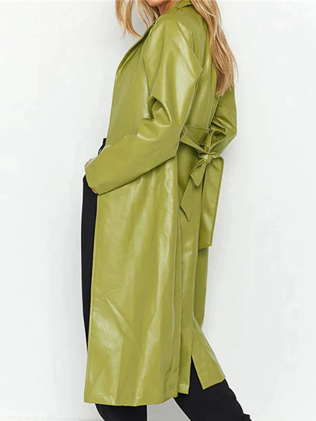 Coats- Faux Leather Long Coat: Open Front, Bowknot Back, Pockets- - Pekosa Women Clothing