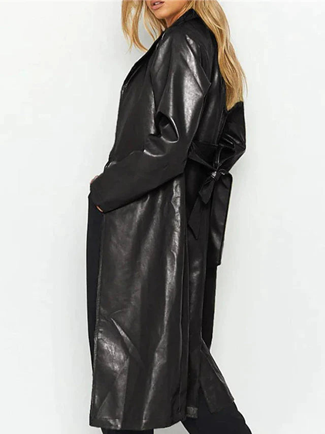 Coats- Faux Leather Long Coat: Open Front, Bowknot Back, Pockets- - Pekosa Women Clothing