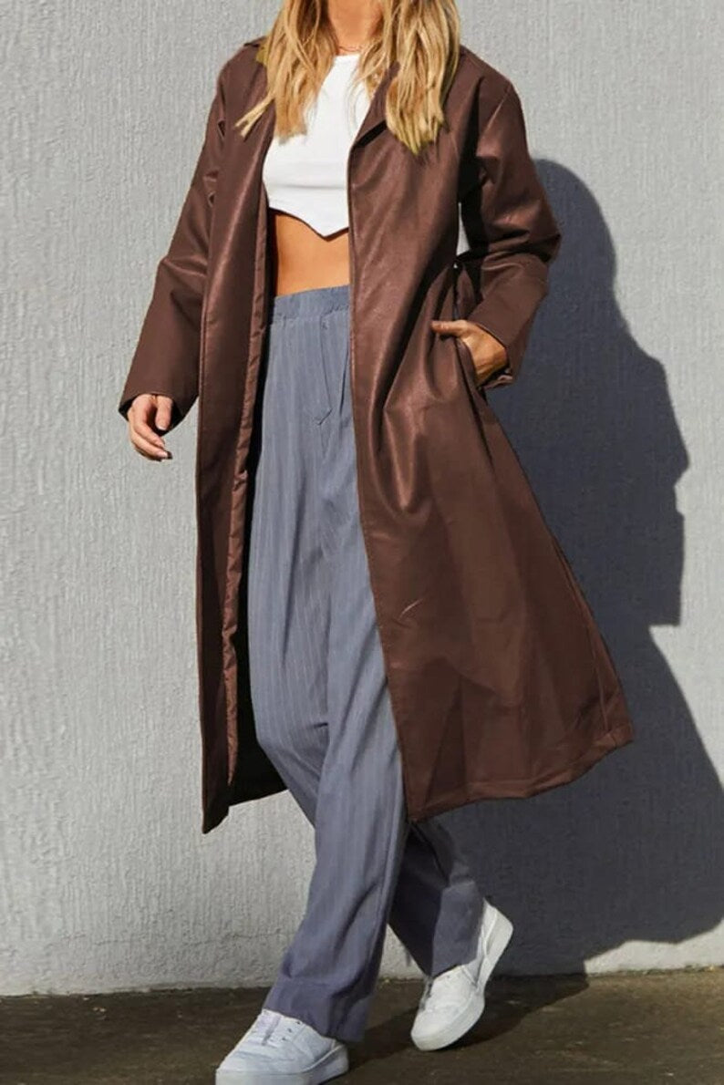 Coats- Faux Leather Long Coat: Open Front, Bowknot Back, Pockets- - Pekosa Women Clothing