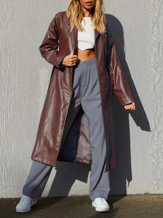 Coats- Faux Leather Long Coat: Open Front, Bowknot Back, Pockets- Wine Red- Pekosa Women Clothing