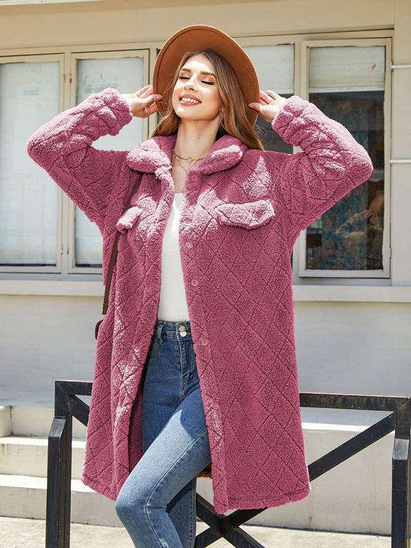 Coats- Fluffy Fleece Warmth Mid-Length Coat for Winter- Red- Pekosa Women Clothing