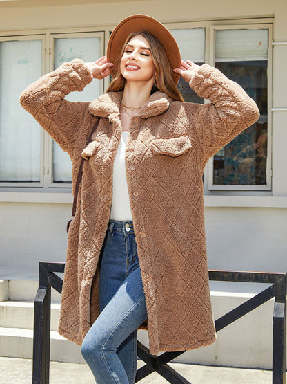 Coats- Fluffy Fleece Warmth Mid-Length Coat for Winter- Khaki- Pekosa Women Clothing