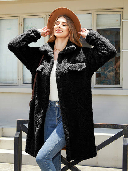 Coats- Fluffy Fleece Warmth Mid-Length Coat for Winter- Black- Pekosa Women Clothing