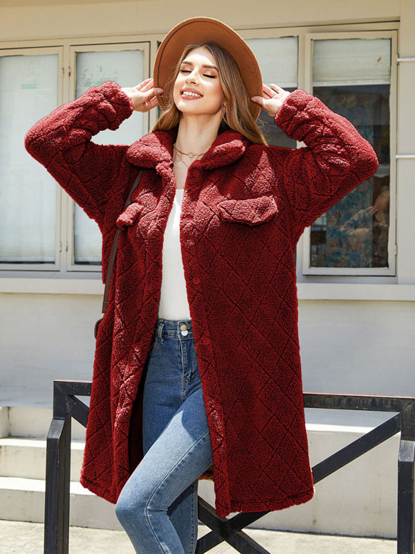 Coats- Fluffy Fleece Warmth Mid-Length Coat for Winter- Dark Red- Pekosa Women Clothing