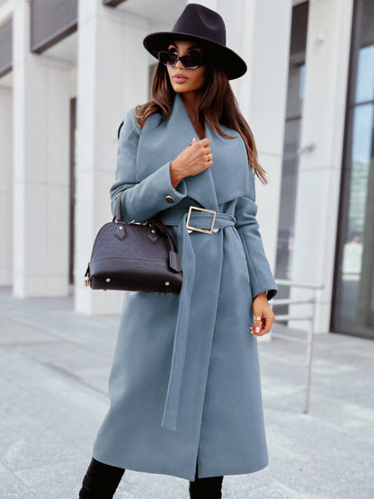 Coats- Winter Belted Trench Coat | Single-Breasted Woolen Coat- Blue- Pekosa Women Clothing