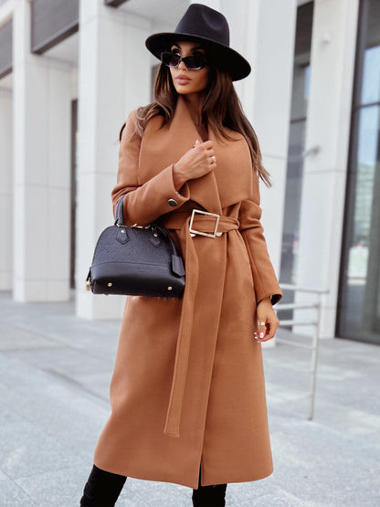 Coats- Winter Belted Trench Coat | Single-Breasted Woolen Coat- Khaki- Pekosa Women Clothing