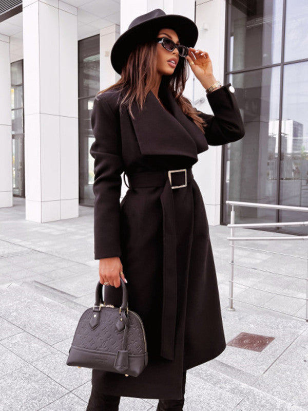 Coats- Winter Belted Trench Coat | Single-Breasted Woolen Coat- Black- Pekosa Women Clothing