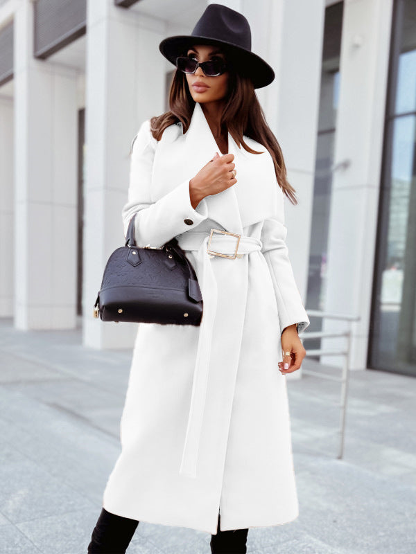 Coats- Winter Belted Trench Coat | Single-Breasted Woolen Coat- White- Pekosa Women Clothing