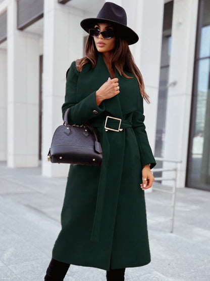 Coats- Winter Belted Trench Coat | Single-Breasted Woolen Coat- Green- Pekosa Women Clothing