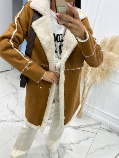 Coats- Winter Chunky Sherpa Coat | Double Breasted Faux Lamb Fur Jacket- - Pekosa Women Clothing