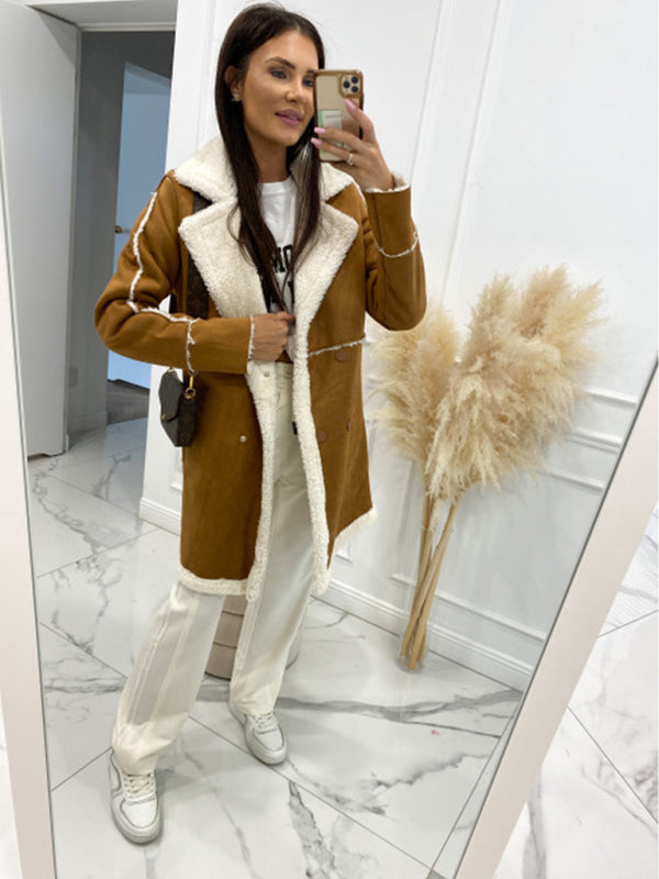 Coats- Winter Chunky Sherpa Coat | Double Breasted Faux Lamb Fur Jacket- - Pekosa Women Clothing