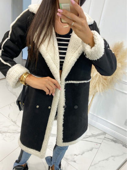 Coats- Winter Chunky Sherpa Coat | Double Breasted Faux Lamb Fur Jacket- - Pekosa Women Clothing