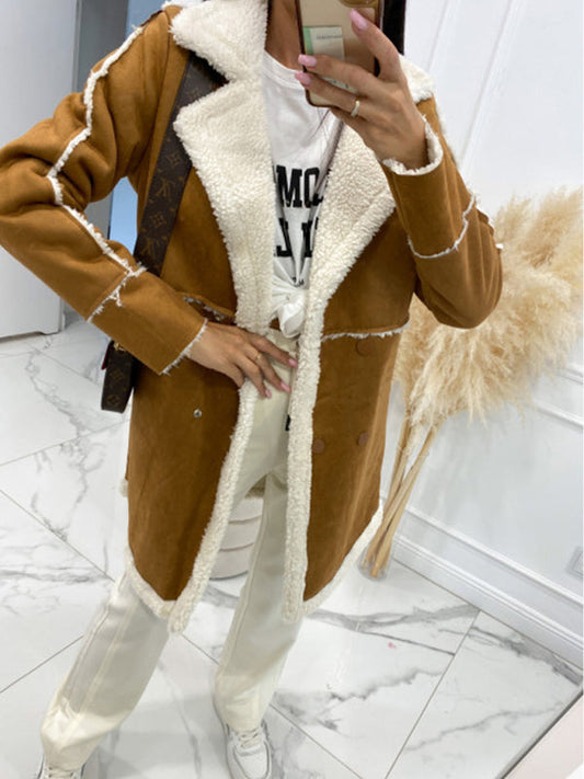 Coats- Winter Chunky Sherpa Coat | Double Breasted Faux Lamb Fur Jacket- Camel- Pekosa Women Clothing