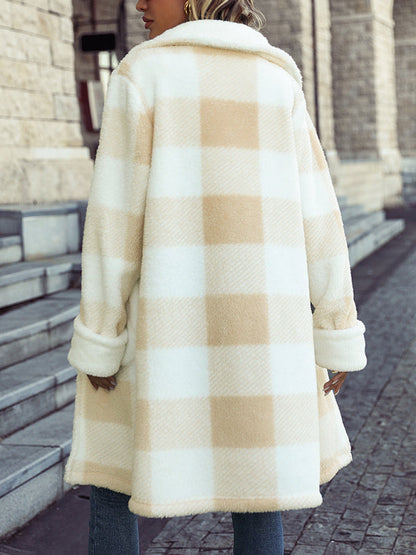 Coats- Winter Mid-Length Teddy Bear Coat | Cozy Plaid Plush Jacket with Handy Pockets- - Pekosa Women Clothing