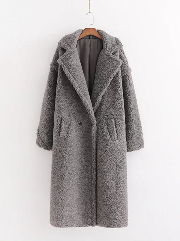 Coats- Winter Teddy Bear Coat | Double Breasted Faux Fur Coat- Grey- Pekosa Women Clothing