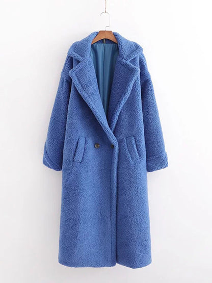 Coats- Winter Teddy Bear Coat | Double Breasted Faux Fur Coat- Blue- Pekosa Women Clothing