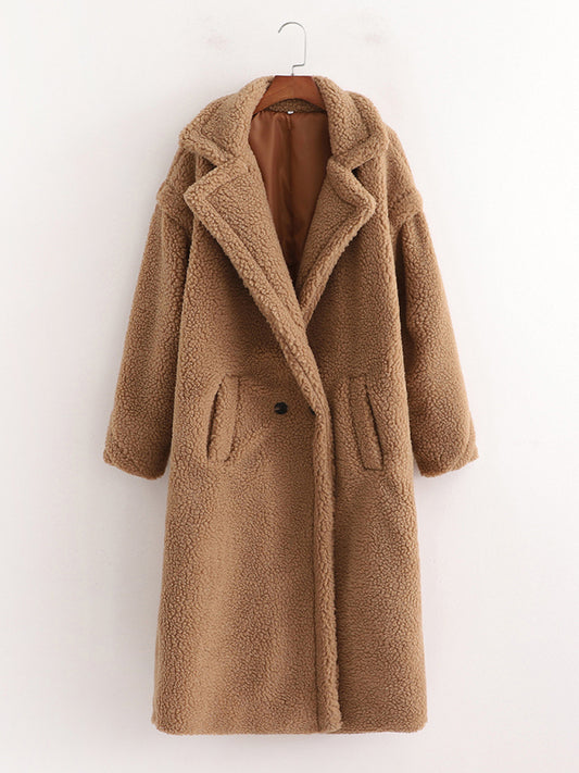 Coats- Winter Teddy Bear Coat | Double Breasted Faux Fur Coat- Camel- Pekosa Women Clothing