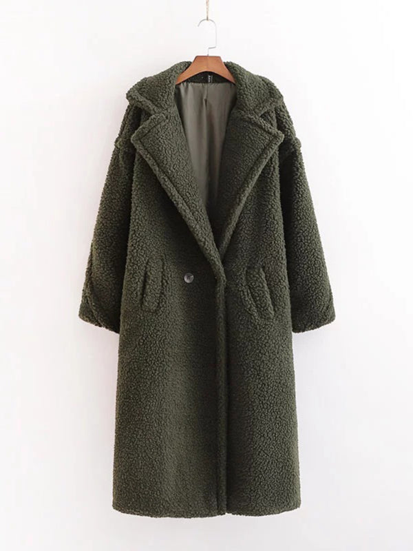 Coats- Winter Teddy Bear Coat | Double Breasted Faux Fur Coat- Olive green- Pekosa Women Clothing