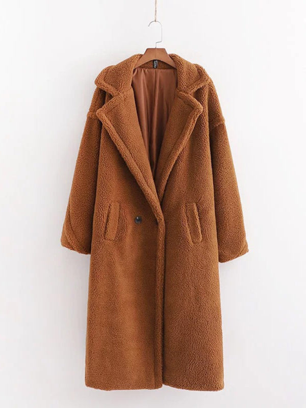 Coats- Winter Teddy Bear Coat | Double Breasted Faux Fur Coat- caramel- Pekosa Women Clothing