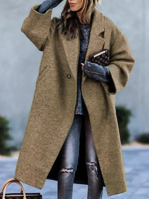 Coats- Woolen Longline Peacoat | Double Breasted Winter Coat- Khaki- Pekosa Women Clothing