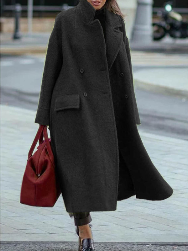 Coats- Woolen Longline Peacoat | Double Breasted Winter Coat- - Pekosa Women Clothing