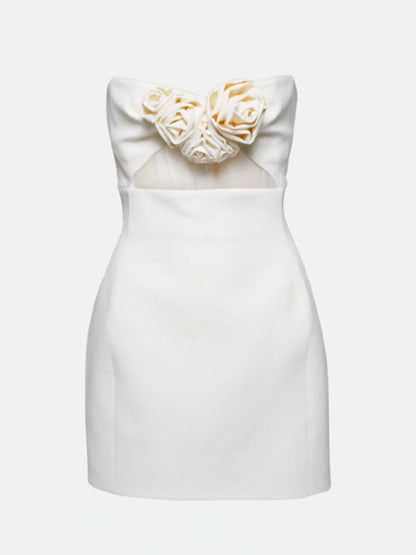 Cocktail Dresses- A-Line Solid Strapless Tube Cutout Mini Dress with Flower Appliqué- - Pekosa Women Clothing