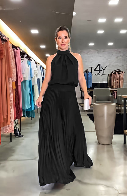 Cocktail Dresses- Cocktail Pleated Bowknot Back Blouson Maxi Dress- Black- Pekosa Women Clothing