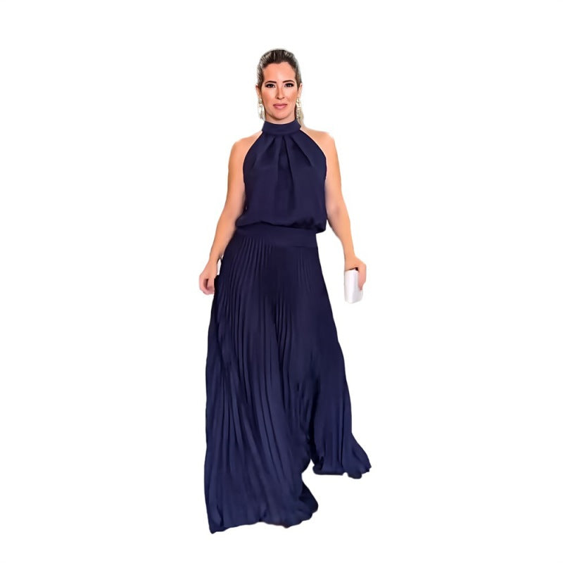 Cocktail Dresses- Cocktail Pleated Bowknot Back Blouson Maxi Dress- Blue- Pekosa Women Clothing