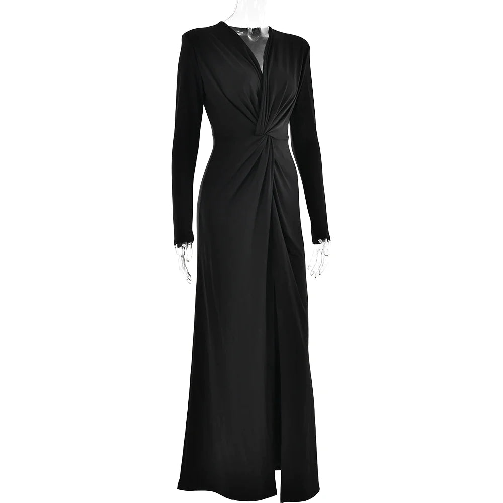 Cocktail Dresses- Cocktail Solid Surplice V-Neck Knot Maxi Dress with Long Sleeves- - Pekosa Women Fashion