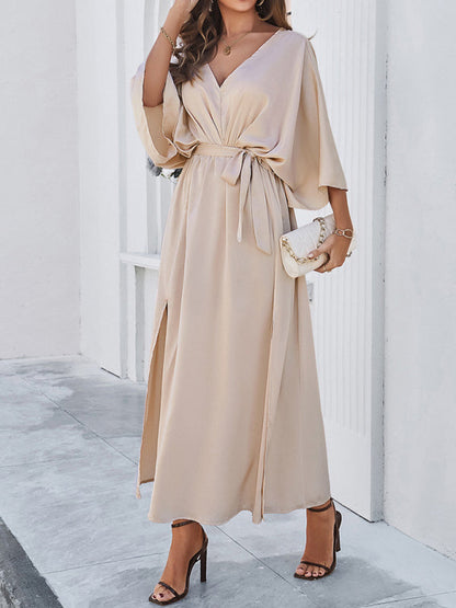 Cocktail Dresses- Cocktail Tie-Belt V-Open Back Kaftan Maxi Dress in Satin Finish- Champagne- Chuzko Women Clothing