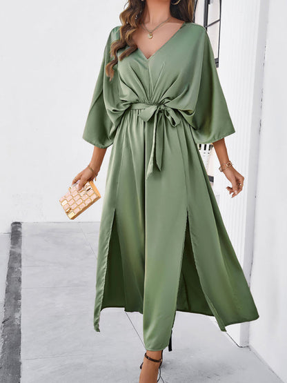 Cocktail Dresses- Cocktail Tie-Belt V-Open Back Kaftan Maxi Dress in Satin Finish- - Chuzko Women Clothing