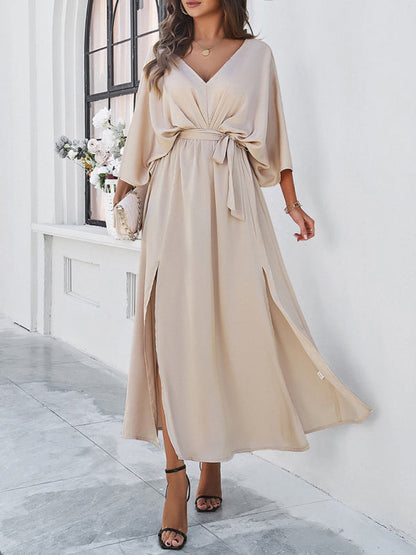 Cocktail Dresses- Cocktail Tie-Belt V-Open Back Kaftan Maxi Dress in Satin Finish- - Chuzko Women Clothing