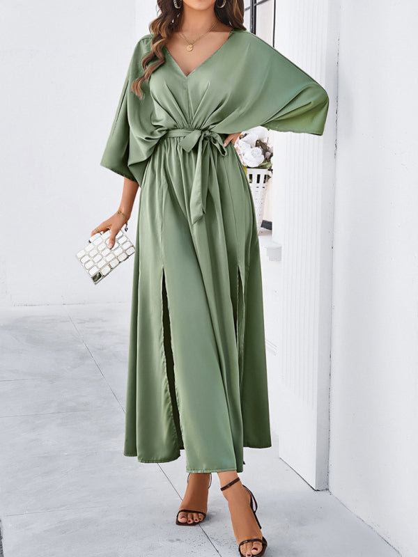 Cocktail Dresses- Cocktail Tie-Belt V-Open Back Kaftan Maxi Dress in Satin Finish- - Chuzko Women Clothing