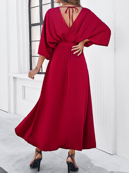 Cocktail Dresses- Cocktail Tie-Belt V-Open Back Kaftan Maxi Dress in Satin Finish- - Chuzko Women Clothing