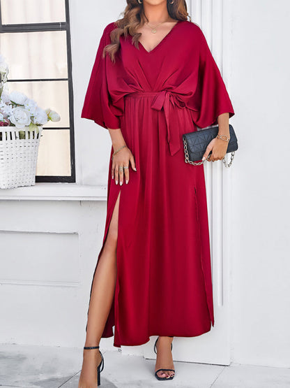 Cocktail Dresses- Cocktail Tie-Belt V-Open Back Kaftan Maxi Dress in Satin Finish- Wine Red- Chuzko Women Clothing