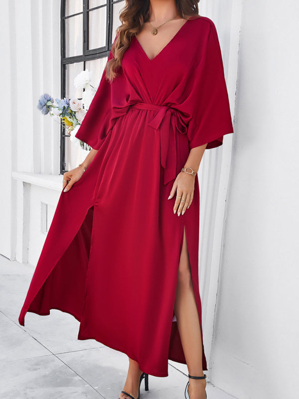 Cocktail Dresses- Cocktail Tie-Belt V-Open Back Kaftan Maxi Dress in Satin Finish- - Chuzko Women Clothing