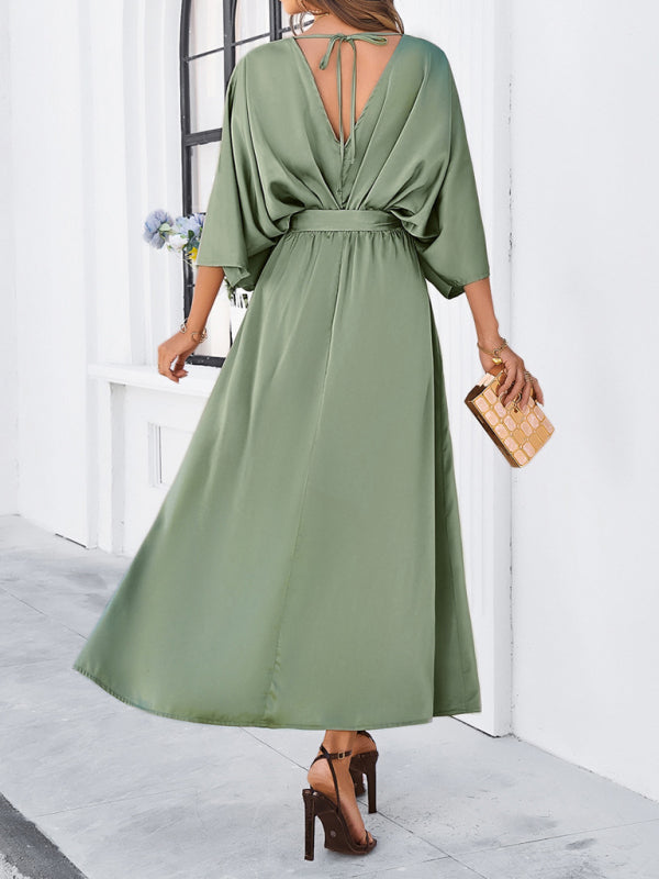 Cocktail Dresses- Cocktail Tie-Belt V-Open Back Kaftan Maxi Dress in Satin Finish- - Chuzko Women Clothing